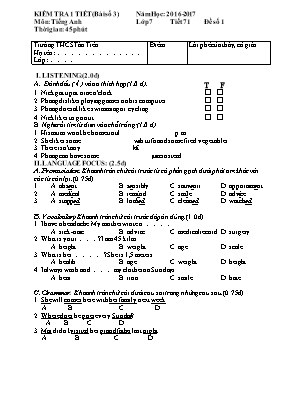 Đề kiểm tra một tiết học kì II Tiếng anh lớp 7 - Năm học 2016-2017 - Nguyễn Hữu Hoàng
